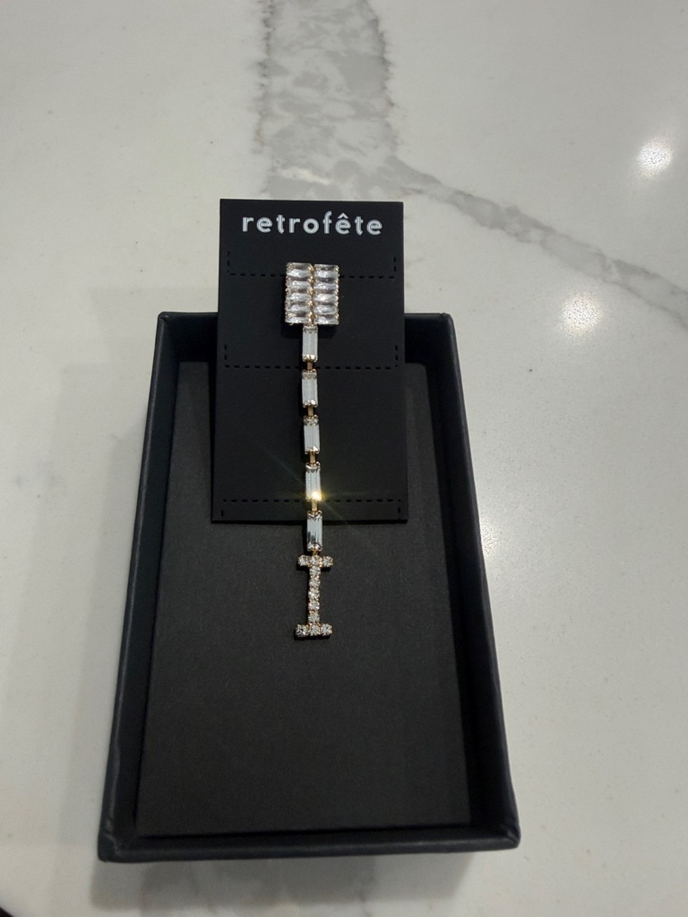 Retrofete Gold Pave Crystal Drop Single Letter Earring. Initial Alphabet I